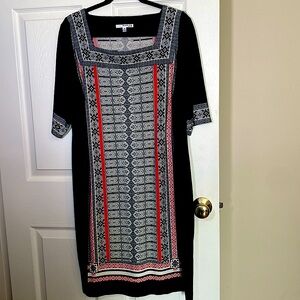 Studio One New York Dress Size Large Red White Black Shift Elbow Length Sleeves